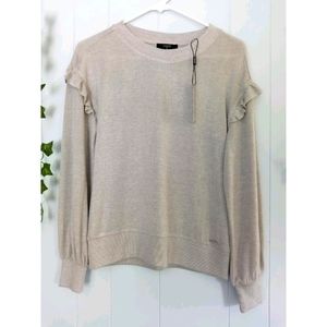 NWT Tahari Gray White Heather Ruffle Soft Sweater